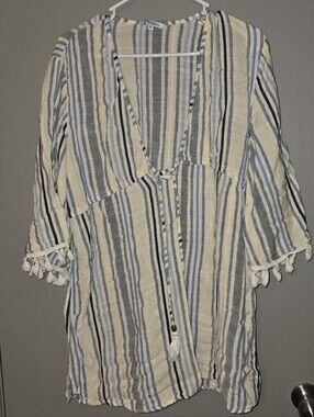 BLUE ISLAND Striped Lightweight Tassel Cover-Up - Blue, Gray & Cream